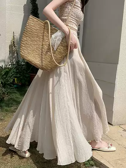 Women's Pleated Midi Skirt in Silk-Cotton Linen, High-Waisted A-Line Flared Skirt with Flowing Drape, New Summer 2026