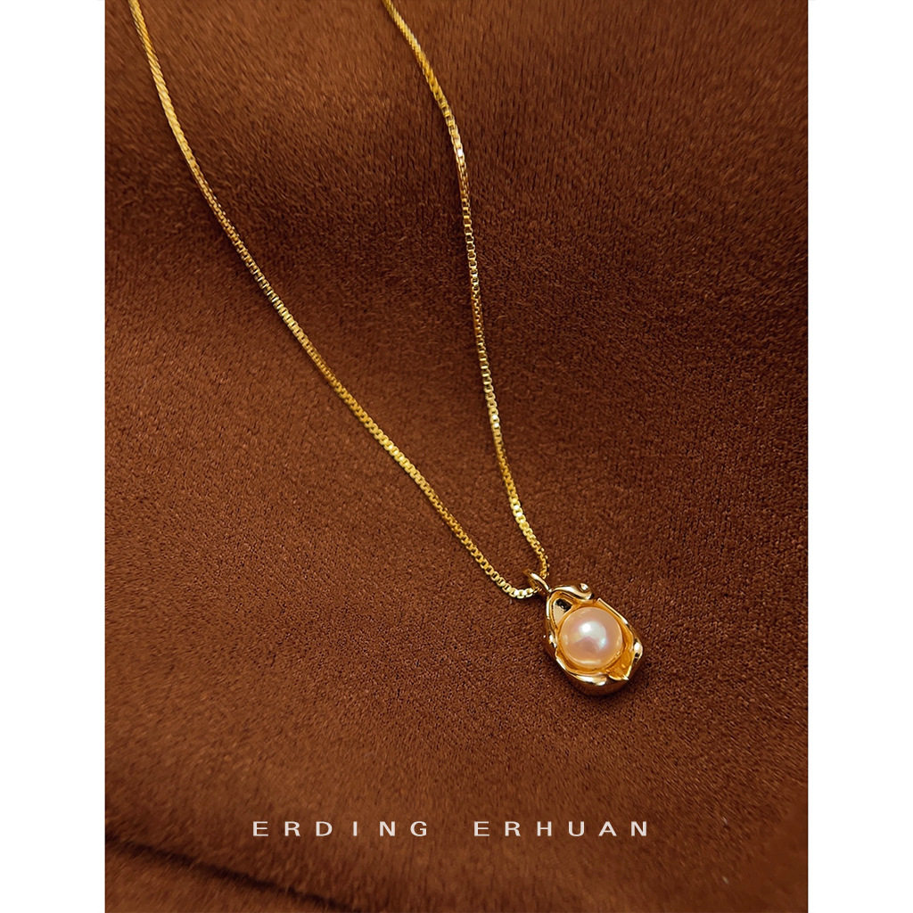 French style broad bean freshwater pearl necklace 14K gold plated bowl pearl pendant niche fashion high-grade clavicle chain female