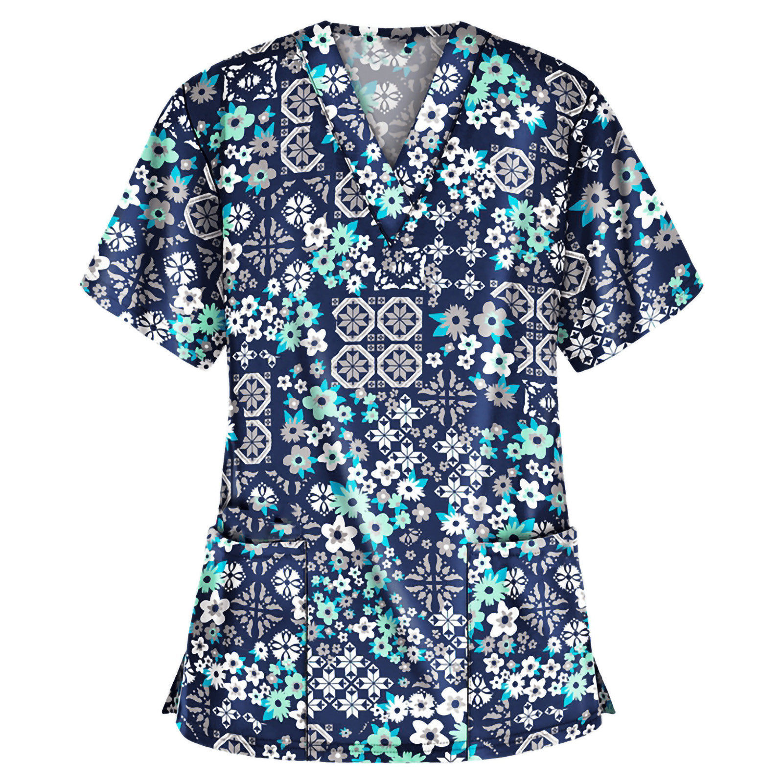 Womens Printed V Neck Short Sleeve T Shirt Casual Style Pocket Detail Comfortable Fabric Perfect for Summer