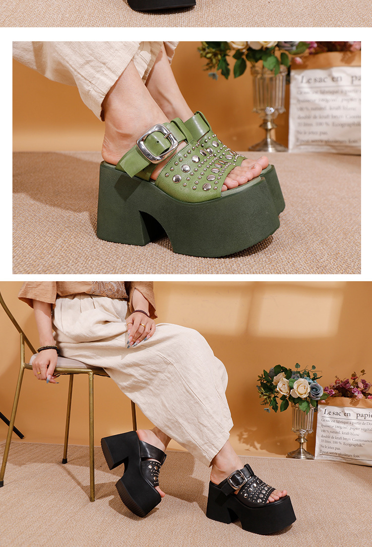Dép sandal nữ da bò đế dày tăng chiều cao, quai ngang đính đinh tán — Màu đen, Màu xanh lá