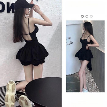 Hot Girls Hollow-out Backless Waist-strap Suspender All-in-one Dress for Girls Slim-fit Skirt Black Short Skirt for suit Women