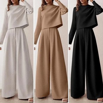 in stock autumn and winter cross-border European and American women's clothing Amazon loose solid color long sleeve casual two-piece wide leg pants suit