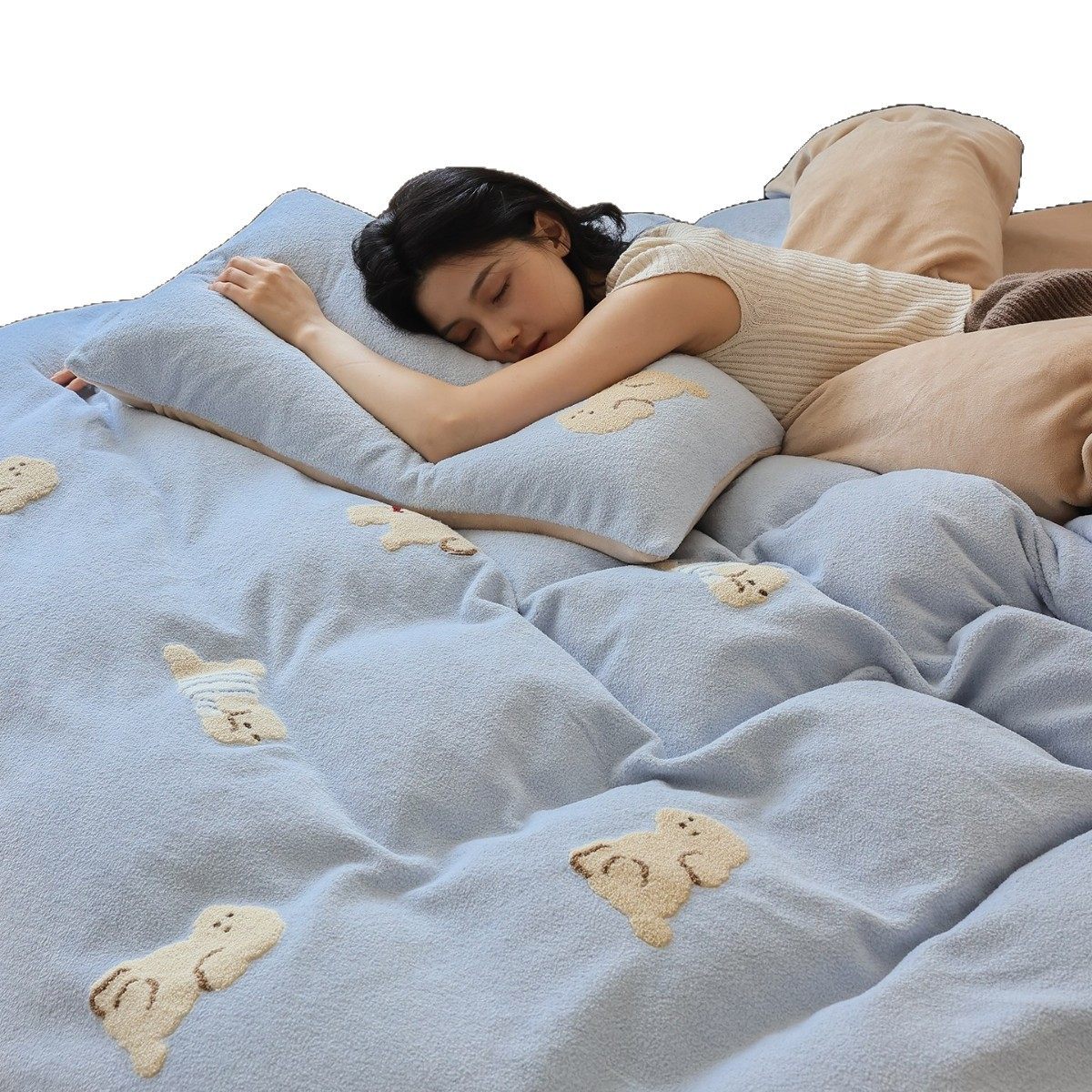 Towel Embroidered Warm Woolen Double-Sided Milk Velvet Four-Piece Set Cute Cartoon Three-Piece Set Thickeneded Warm Bedding