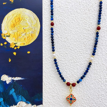 Dunhuang Pendant Elements Color Scheme New Chinese Style National Style Necklace Natural Stone Handmade Clavicle Lapis Lazuli Beads with the Character for Blessing