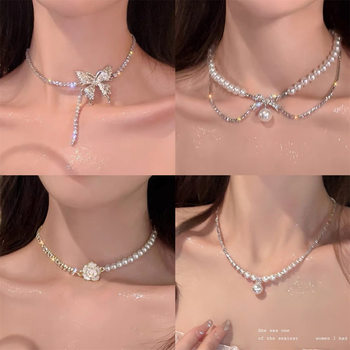 Factory Direct Sale ~ Sweet and Cool Bowknot Pearl Necklace for Women, Ins Design with Rhinestone Butterfly Clavicle Chain, Elegant Choker