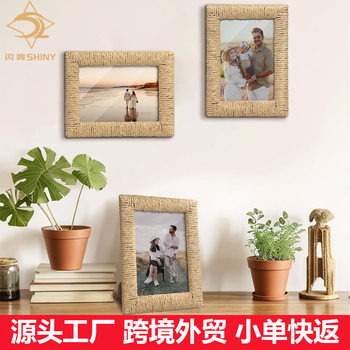Amazon Cross-Border Creative Handmade Hemp Rope Woven Wooden Photo Frame Rattan Ornaments Bohemian Style Export Photo Frame