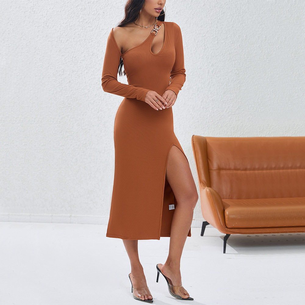 Womens Irregular Hollow Out Bodycon Dress Solid Color Asymmetrical Shoulder Fashionable Elegant Style Perfect for
