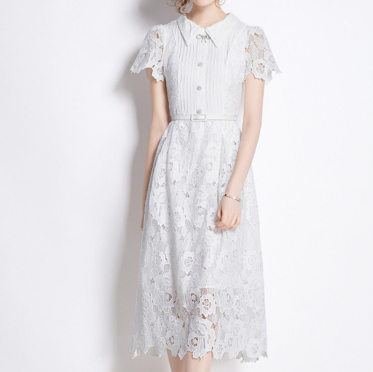 Womens Summer A Line Midi Dress Elegant Lace Cut Out Slim Fit Waist Defining Perfect for Parties and Special