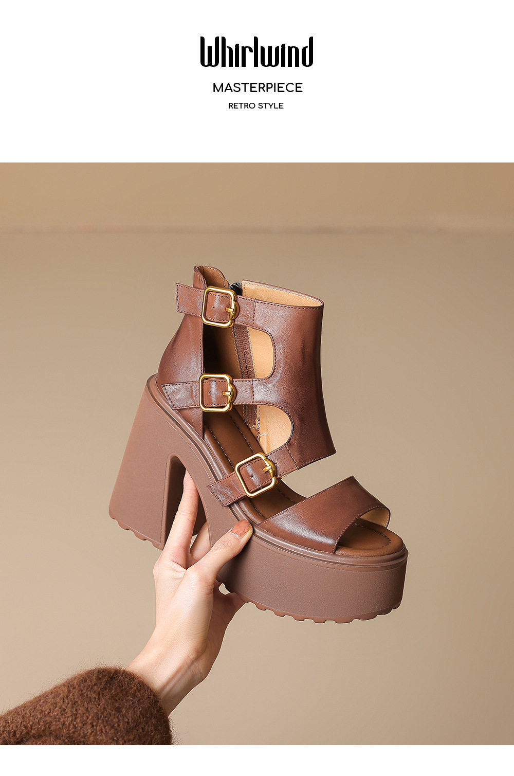 Sandal cao gót nữ hở mũi đế xuồng 12 cm phong cách La Mã — [Nâu], [Đen] chi tiết 11
