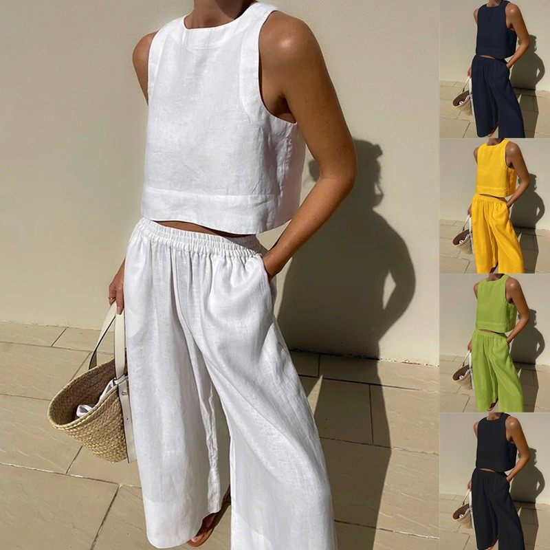 2023 Cross-Border Amazon New Casual European and American Large Size Suit Loose Pure Color Sleeveless Shirt and Pants Two-Piece Set