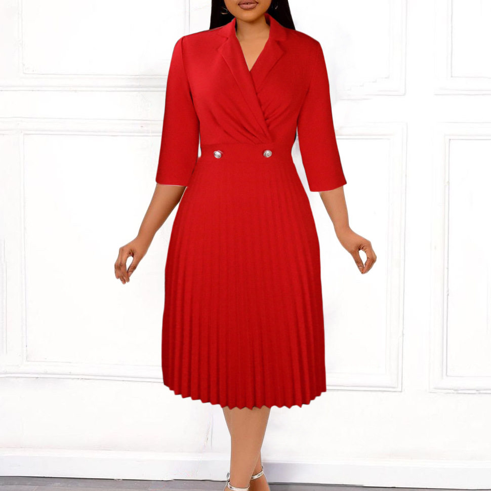 Elegant Womens Dress Solid Color Pleated Design Suit Collar Autumn Fashion for Casual or Formal Occasions