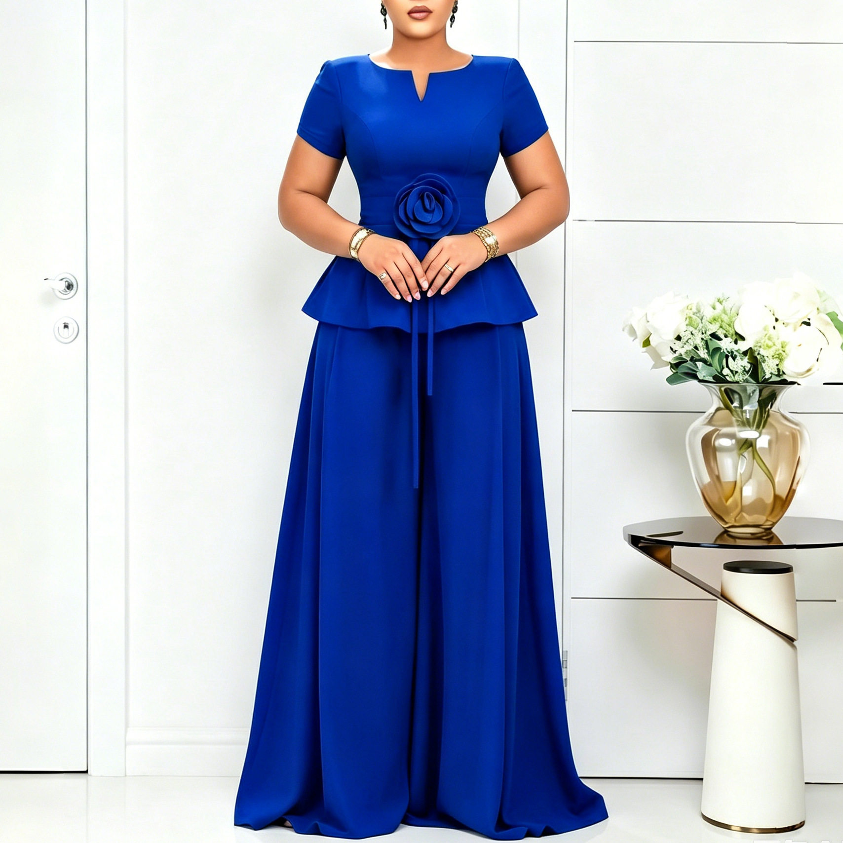 Elegant Plus Size Ruffled Sleeve Top and Wide Leg Pants Set Summer Fashion Casual Wear Wholesale Available