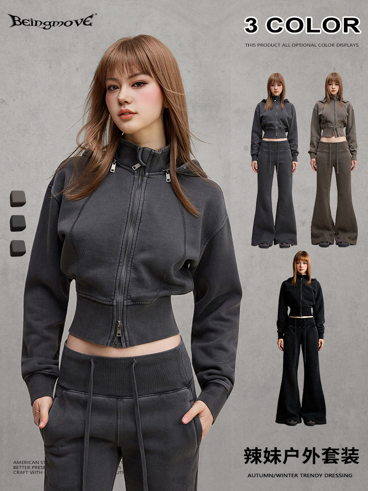 Street Style Retro Washed Sports Detachable Cardigan Hooded Sweatshirt Outdoor Micro-Flared Slim Trousers Suit for Women