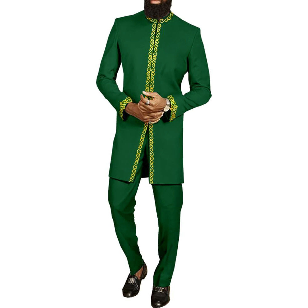 传统外贸非洲风格男士结婚新西装2件套圆领长袖上衣加裤子外贸