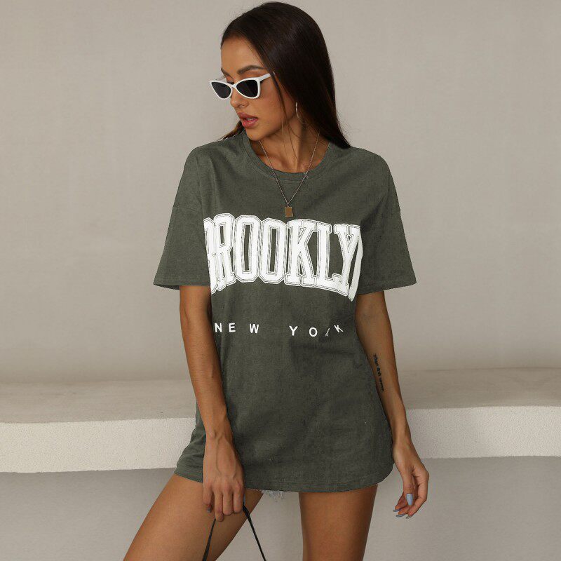 Loose Fit Printed Black T Shirt for Women Summer Style Round Neck Casual Wear Wholesale Available