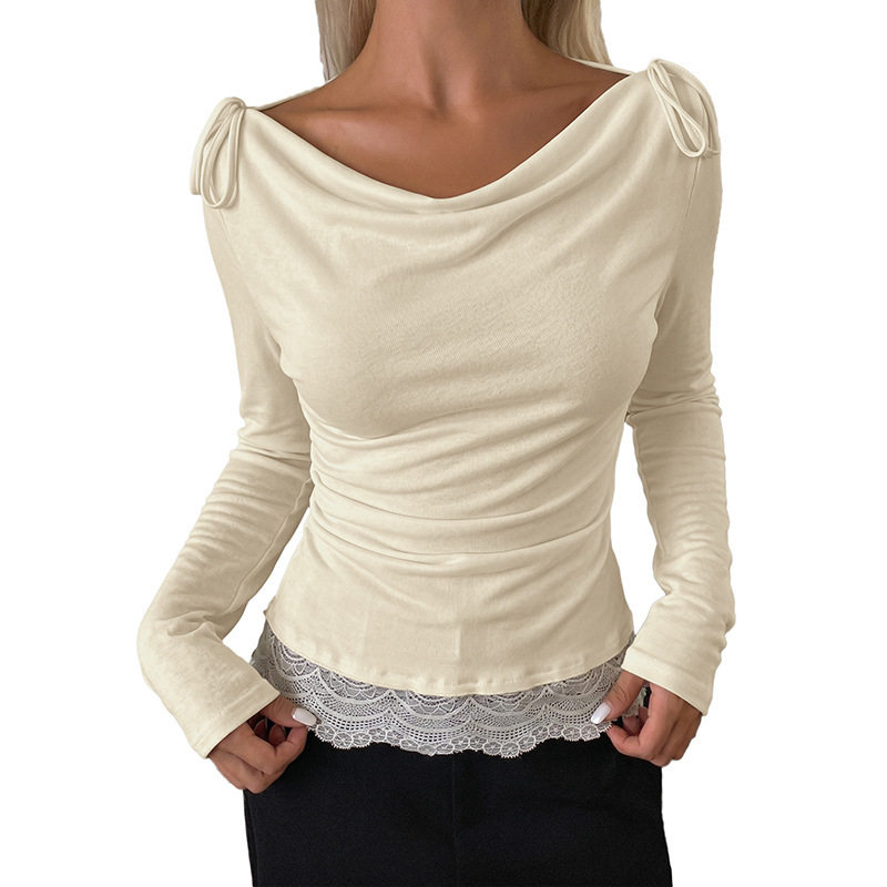 Korean Style Long Sleeve Lace Top Soft Solid Color Drawstring Neckline Casual Wear for Spring Fall Wholesale Available