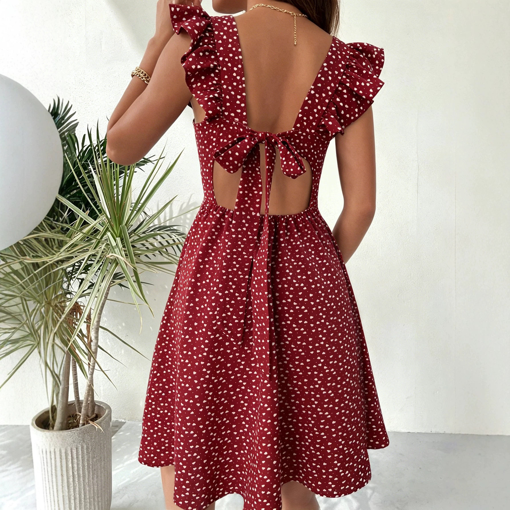 Summer A Line Dress Square Neck Heart Print Short Sleeve High Waist Slim Fit Perfect for Petite Figures