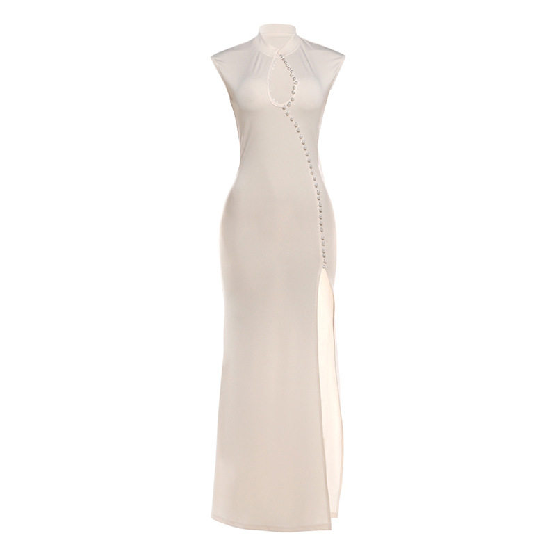 Summer Womens Dress Solid Color Elegant High Slit Slim Fit Stand Collar Perfect for Parties and Events Wholesale