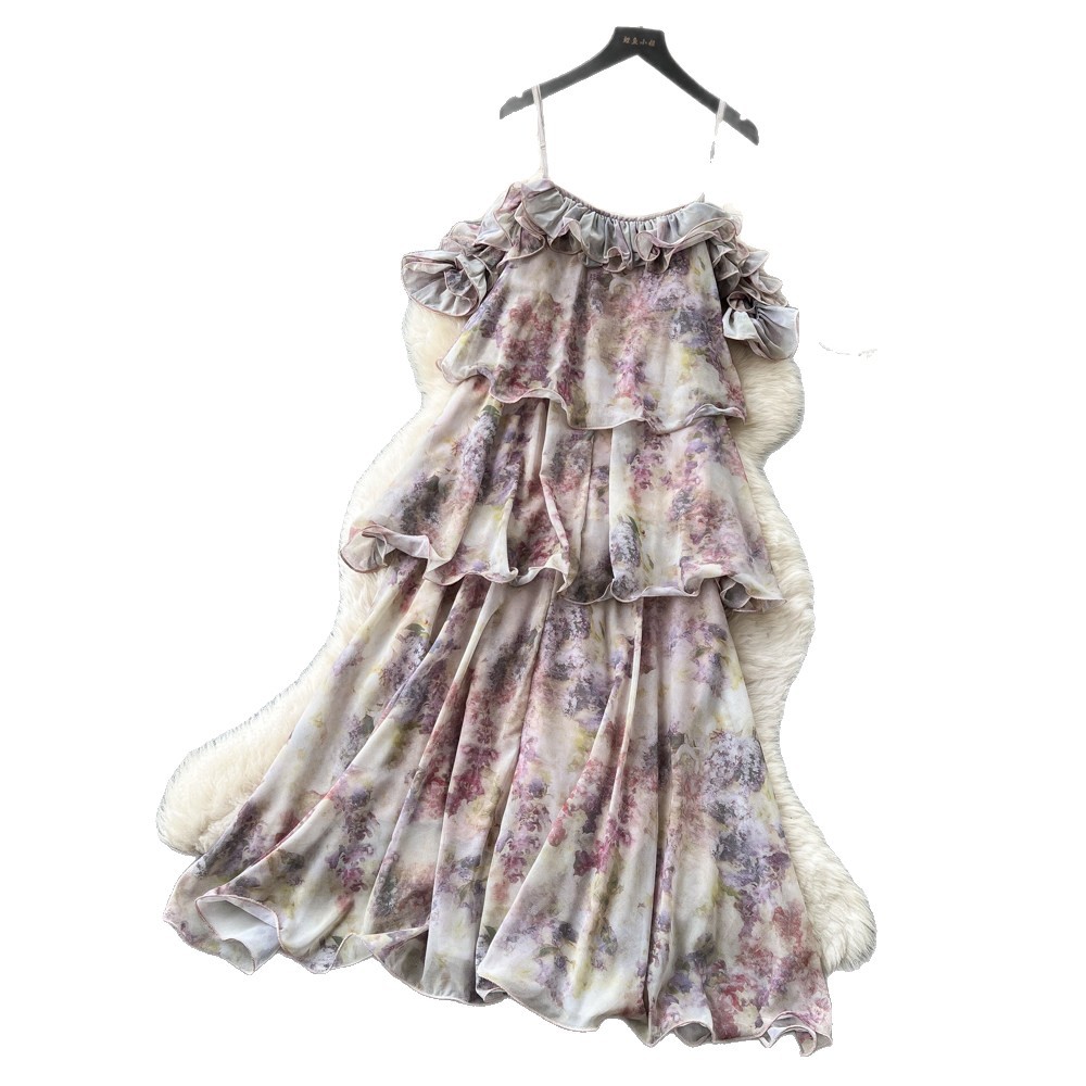 French Vacation Style Floral Ruffled Cami Dress for Women Summer Cake Skirt Unique Design Elegant Look Wholesale