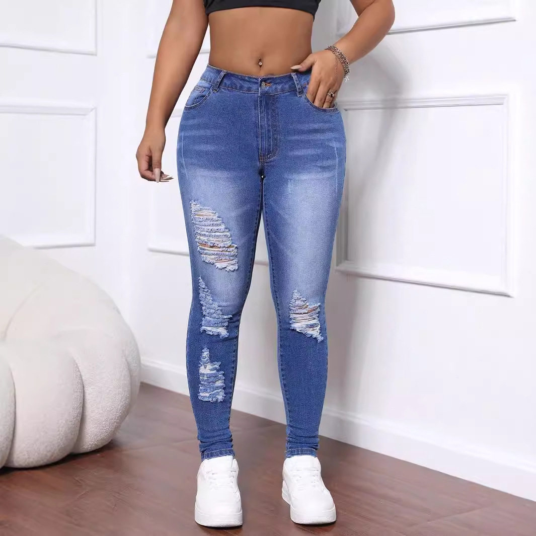 Skinny Jeans High Elasticity Distressed Design Versatile Fit Womens Casual Wear Wholesale Available
