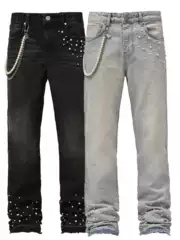 Cross-border New Men's Denim Straight Leg Pants European and American Street Fashion Ins Explosive Stacked Denim Straight Leg Pants