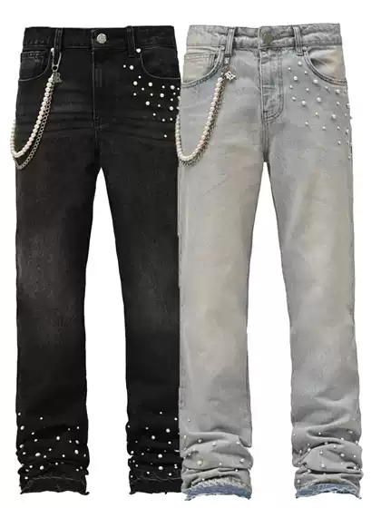 Cross-border New Men's Denim Straight Leg Pants European and American Street Fashion Ins Explosive Stacked Denim Straight Leg Pants