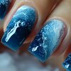 Mid-Length Manicure Stickers, Ocean Blue Fake Nail Patches, Removable 24 Pieces of Manicure, Blue Color