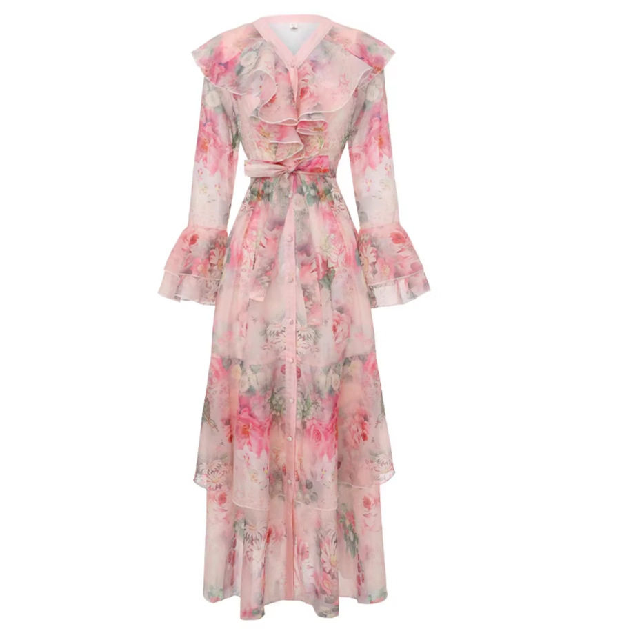 Elegant Floral Print Bell Sleeve Dress for Women French Style Waist Defined Ruffled Hem Perfect for Spring and Autumn