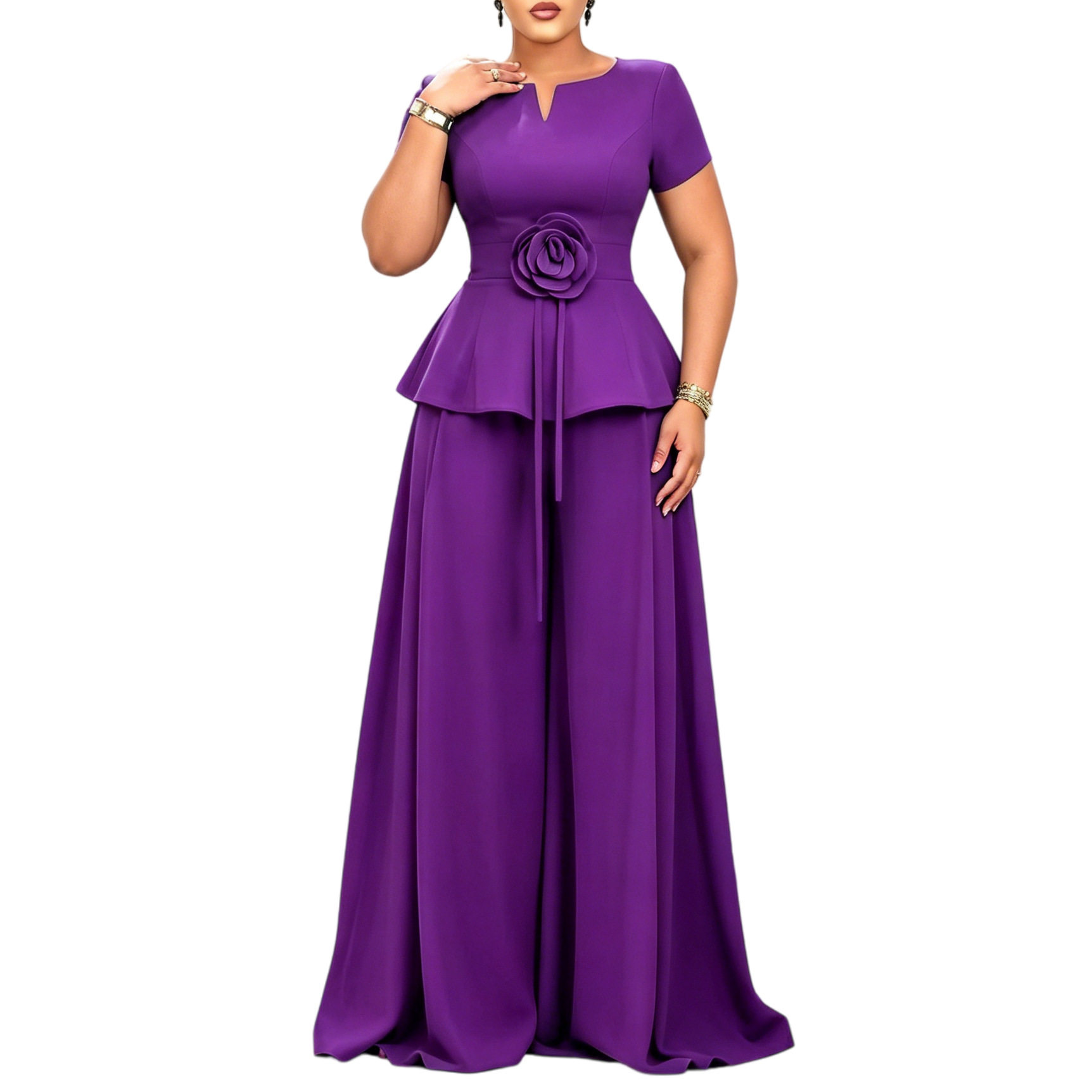 Elegant Plus Size Ruffled Sleeve Top and Wide Leg Pants Set Summer Fashion Casual Wear Wholesale Available