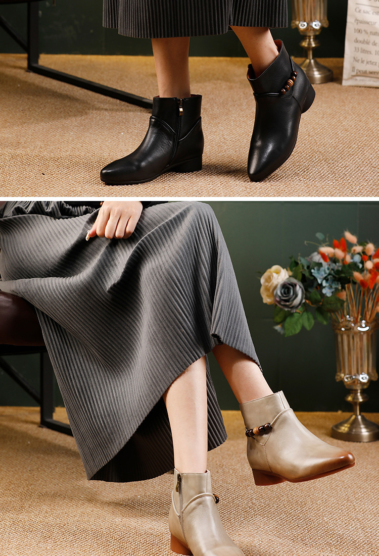 Boot nữ cổ thấp da bò thật mũi nhọn gót thấp thanh lịch — màu đen, màu xám