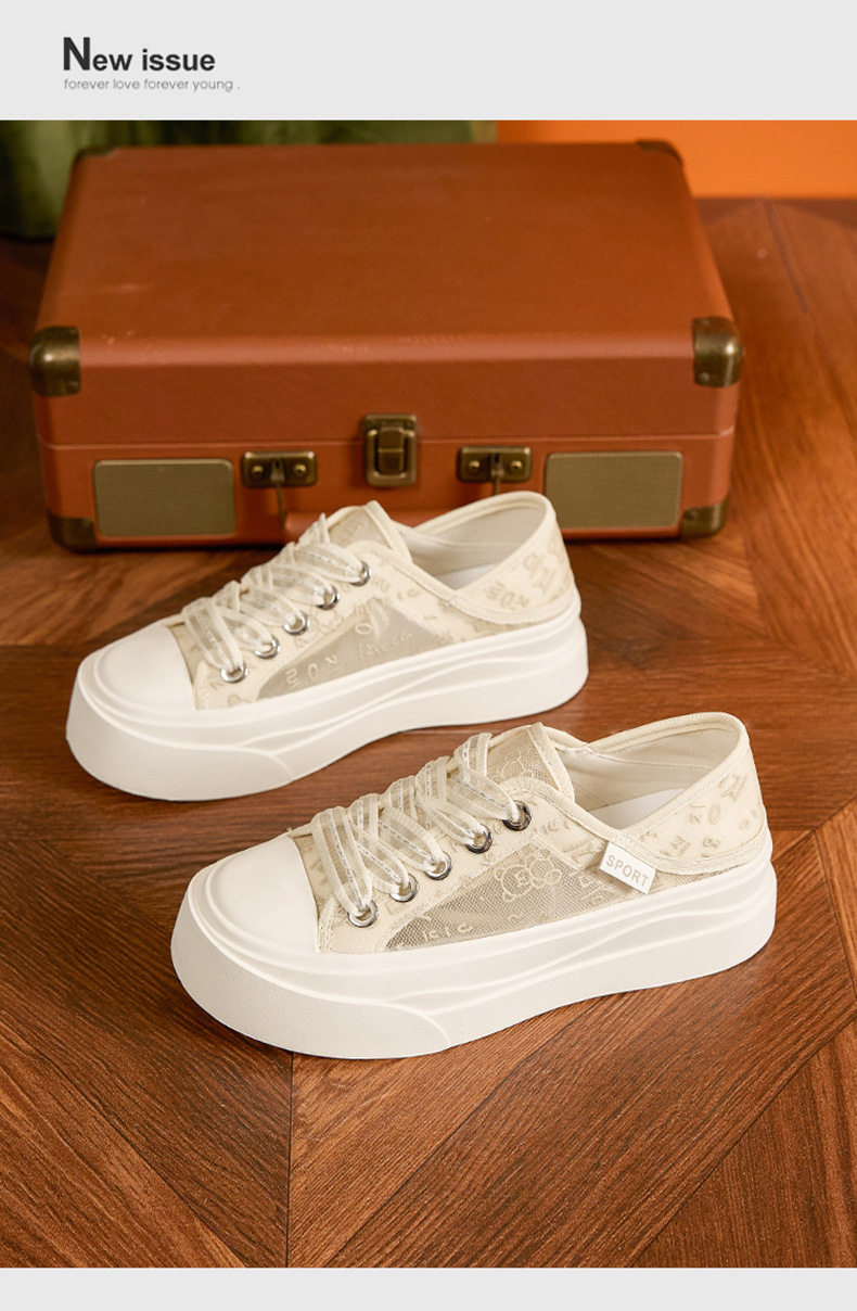 Giày sneaker nữ chạy bộ mesh thoáng khí đế phẳng — Trắng, Mơ chi tiết 13