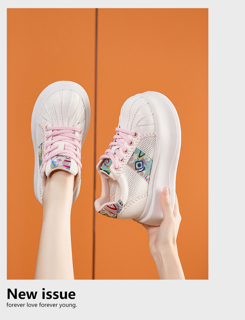 Giày sneaker nữ chạy bộ mesh thoáng đế dày trắng — Bột trắng, Hộp trắng vàng chi tiết 14