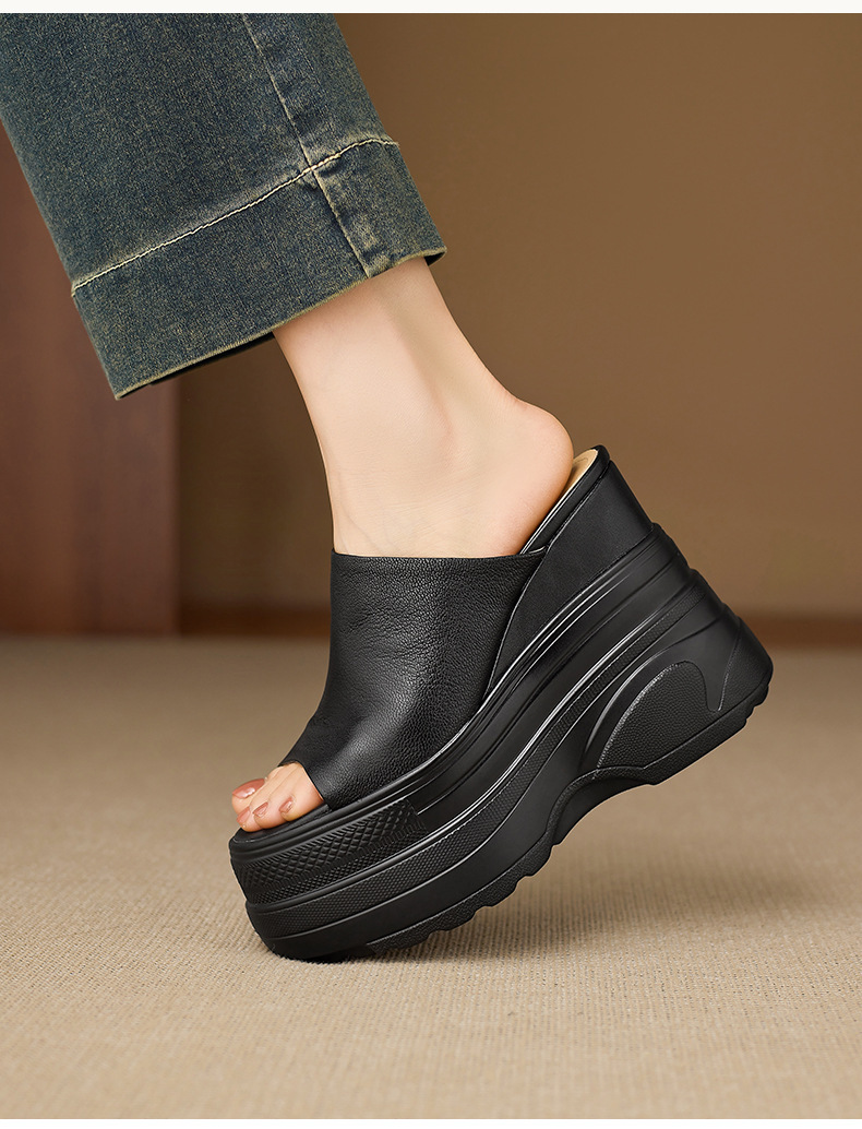 Dép sandal nữ đế xuồng cao gót 13cm da cừu mềm nhẹ — màu đen, Màu trắng ngà