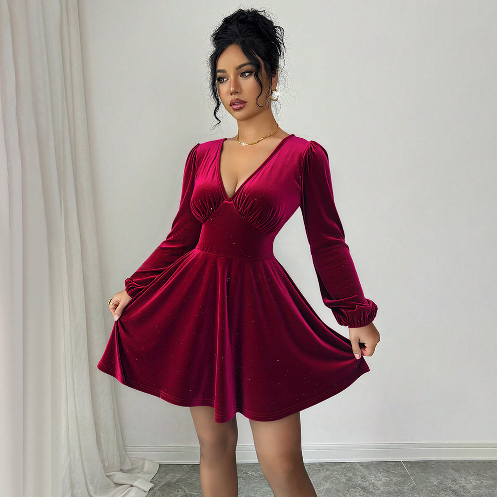 Vintage Style Burgundy Velvet A Line Dress V Neck Lantern Sleeves Slim Fit Ruffled Cocktail Party Evening Wear