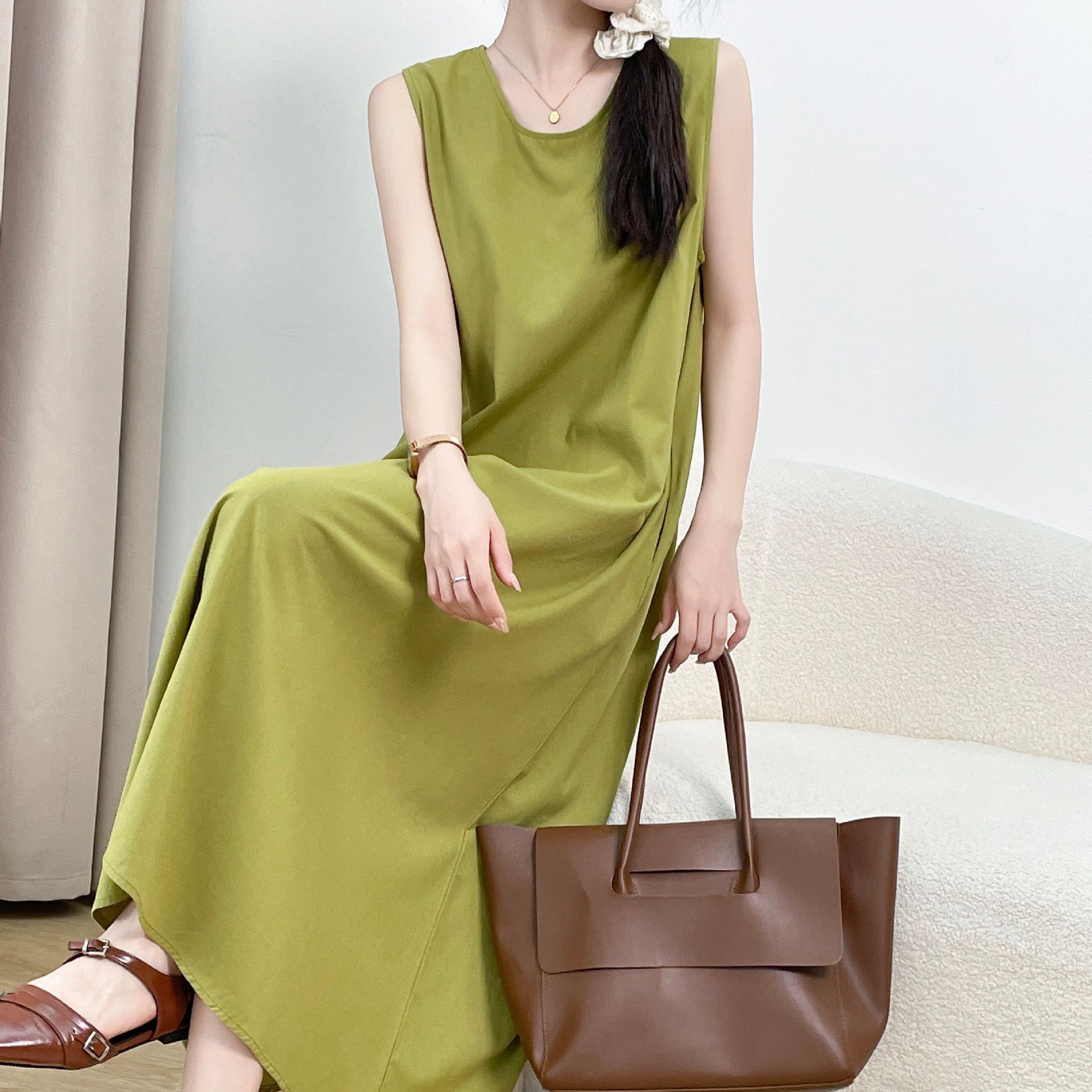Summer Maxi Dress Loose Fit Round Neck Sleeveless Solid Color Casual Style for Everyday Wear Wholesale Available