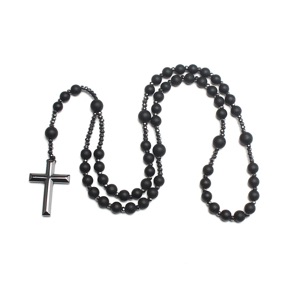 2022 summer new cross-border black natural round beads long chain black stone cross rosary beads men's necklace wholesale