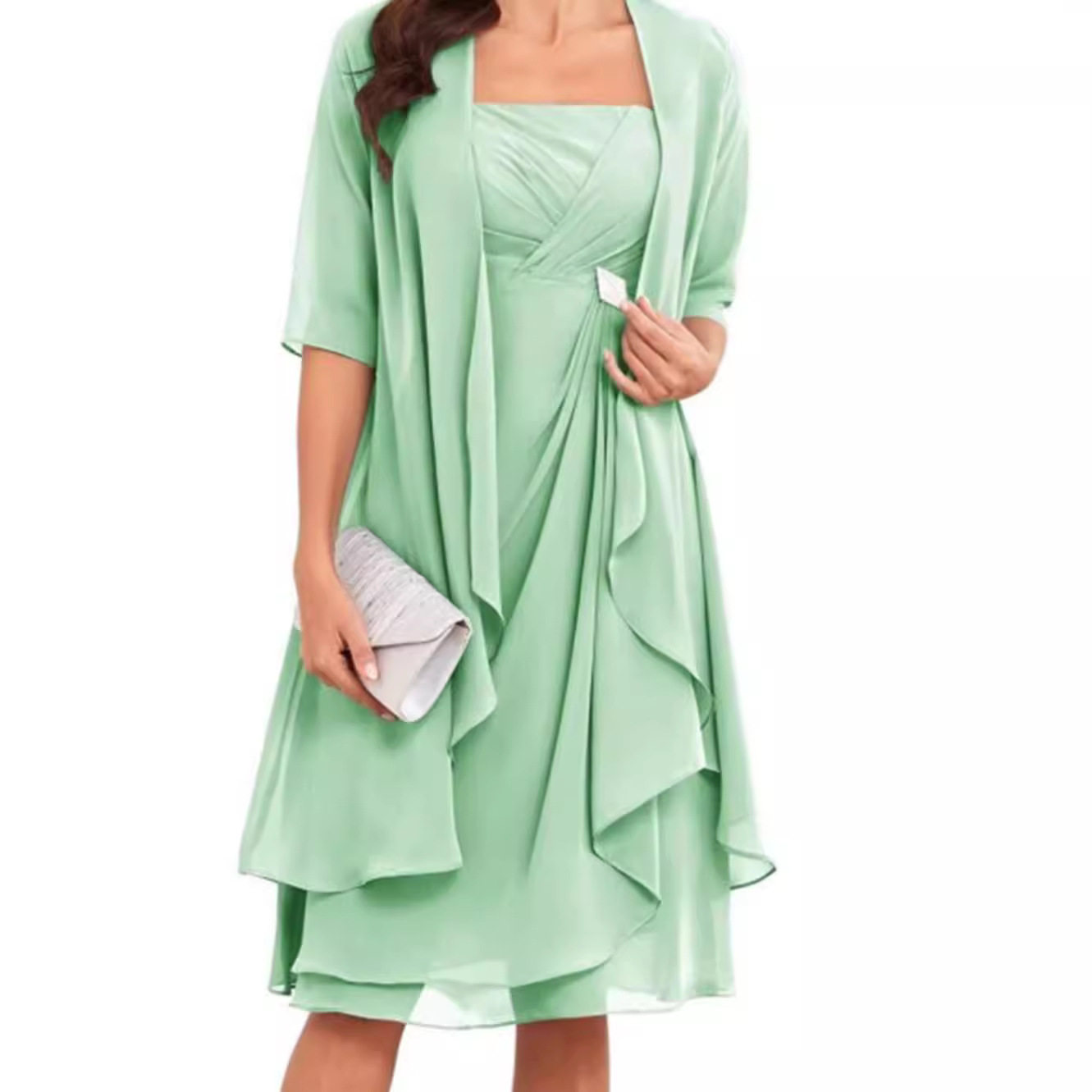Chiffon Long Sleeve Dress with Rhinestones Elegant Two Piece Set Spring Autumn Office Wear