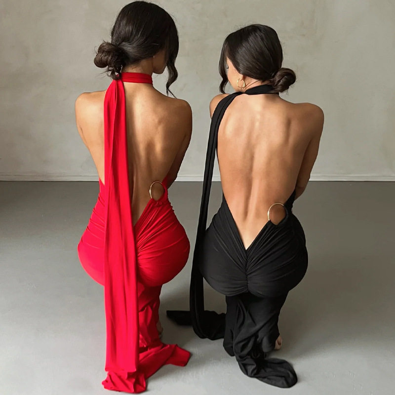 Backless Halter Dress Fitted Pleated Floor Length Elegant Design Evening Party or Formal Occasion Wholesale