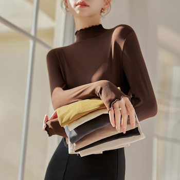 Half-high Collar Base Shirt Women's 2024 Autumn and Winter Long-sleeved T-shirt with Wood-ear Edge Warm-keeping Slim-fit Foreign-style Inner Round Neck Top