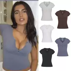 Skims Kardashian Style New Vintage Summer Short-Sleeved T-Shirt Pure Cotton Bottoming Shirt Buttoned V-Neck Top