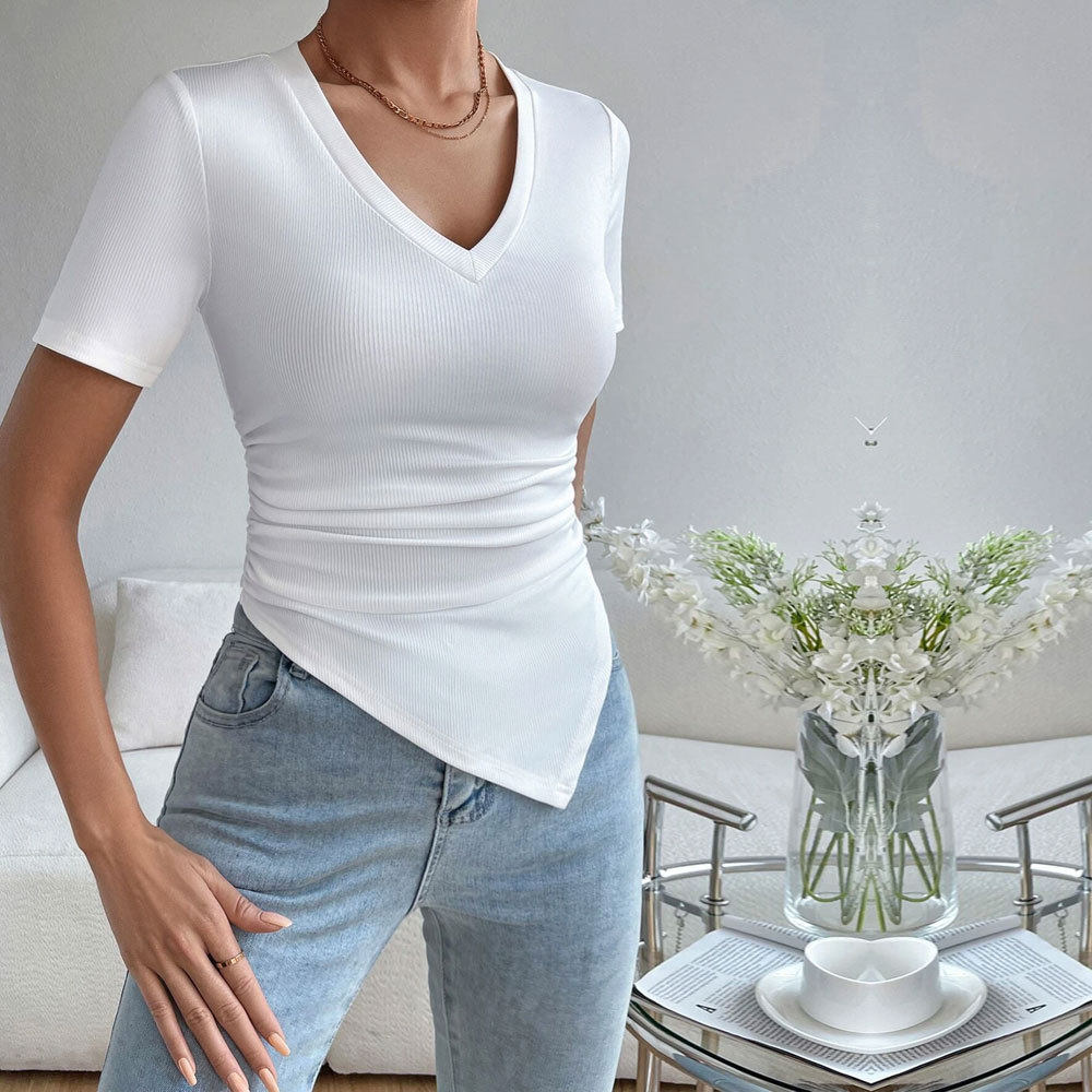 Womens Fashion Top Sexy V Neck Slim Fit Asymmetrical Hem Short Sleeve Stylish and Versatile for Casual Wear
