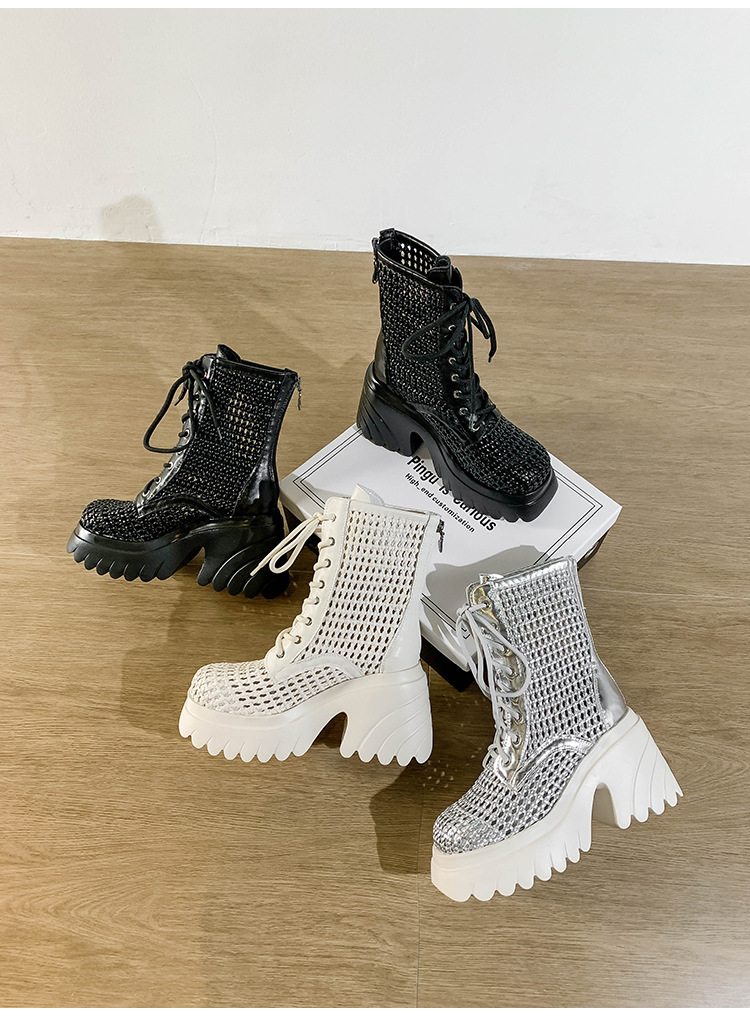 Boot nữ cổ thấp khoét lỗ thoáng khí đế dày tôn dáng gót thô — Màu bạc, màu đen, Màu trắng ngà