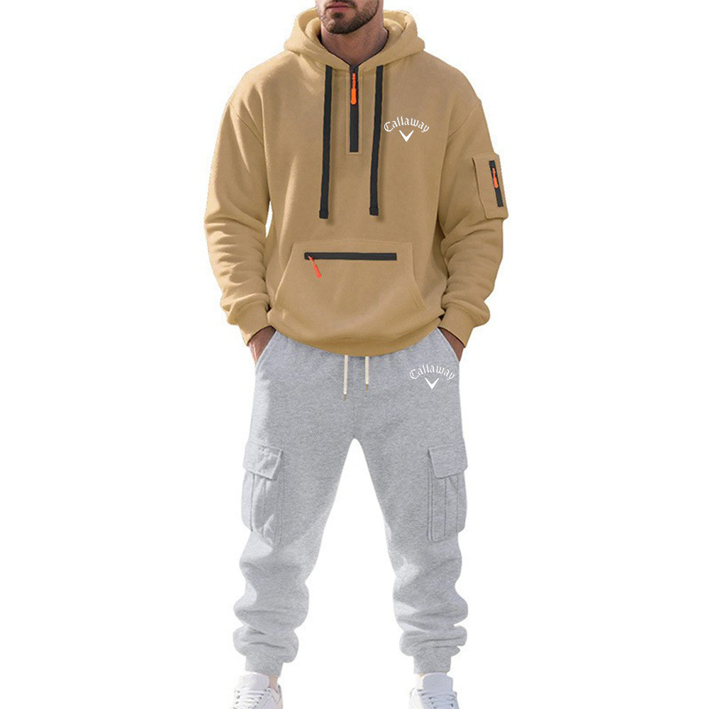 2025跨境男装亚马逊冬季加绒男士休闲套装宽松运动多口袋工装套装