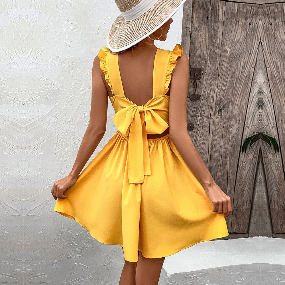 Summer Womens Beach Dress Sexy Backless Waist Cinching Flared Sleeveless Perfect for Vacation or Casual Outings