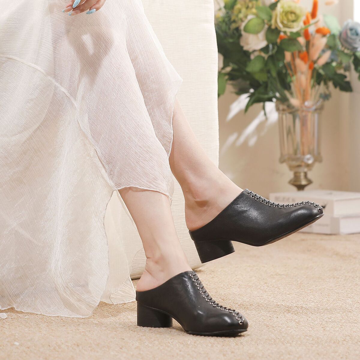 Sandal nữ gót thô bọc mũi da bò thật đế êm phong cách cổ điển — màu đen