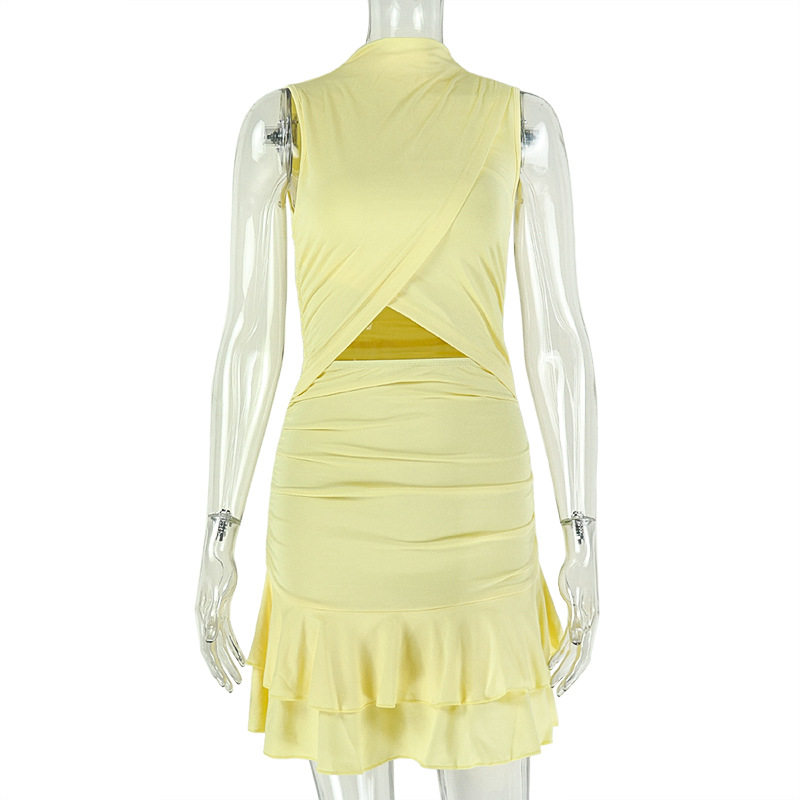 Solid Color A Line Dress for Women Ruffled Waist Hollow Out Design Short Sleeve Casual Style Wholesale Available