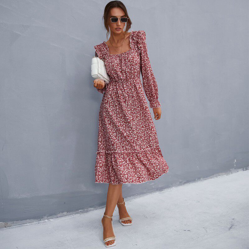 Floral Print Long Sleeve Dress Square Neck Spring Fashion Womens Apparel Wholesale Available