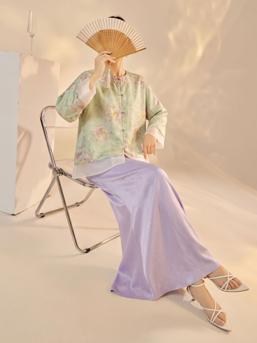 Bộ áo khoác dệt jacquard dáng dài tay kèm chân váy dài nữ tính — Chân váy màu tím, Xuân Huy Lục, Bộ