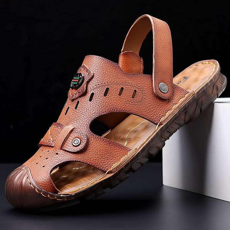 Dép Sandal Nam Da Bóng Quai Hậu Chiều Cao Đế Khoảng 2cm Màu Nâu, Đen