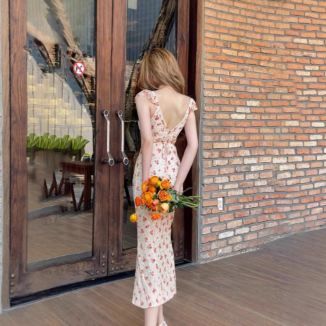 Retro Square Neck Rose Backless Dress Sweet and Spicy Style Autumn Collection Wholesale Available